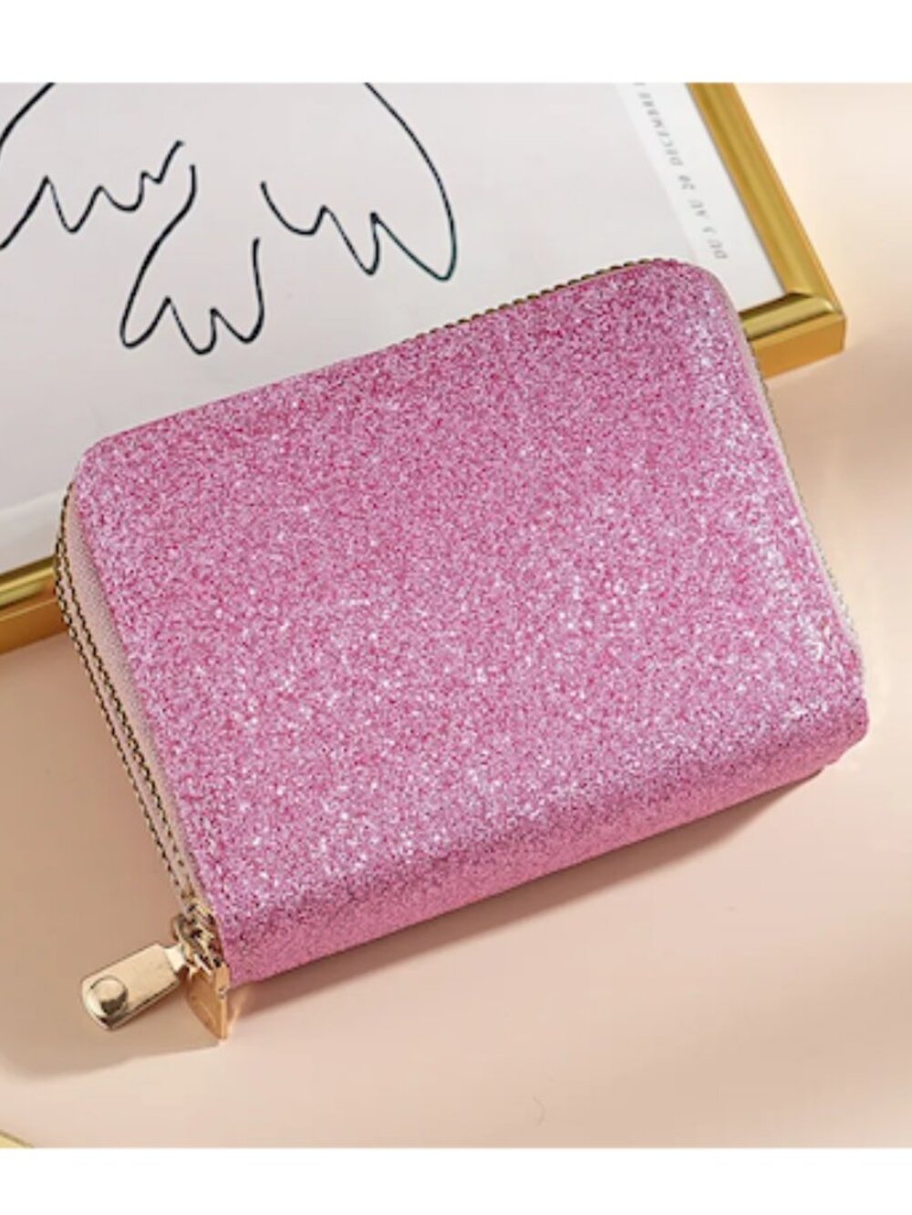 Womens‎ Pink Glitter Wallet Double Zipper Accordion Card Holder Coin Purse New